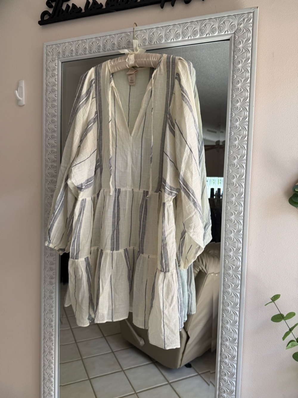 H&M Cream Coverup Tunic with Navy Vertical Stripes
